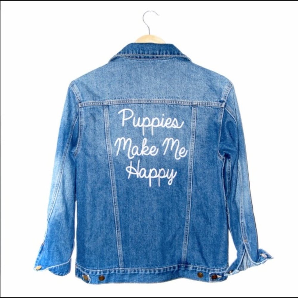 PUPPIES MAKE ME HAPPY Embroidered Jean Jacket